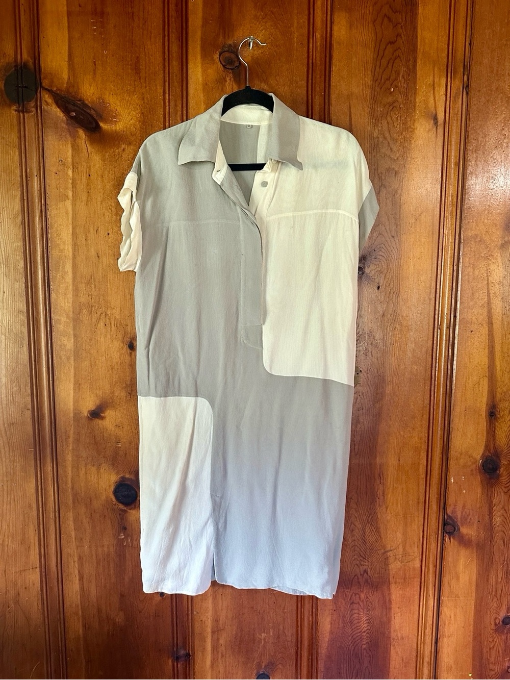 Fendi Colorblock Midi Shirt Dress in Light Gray and Cream